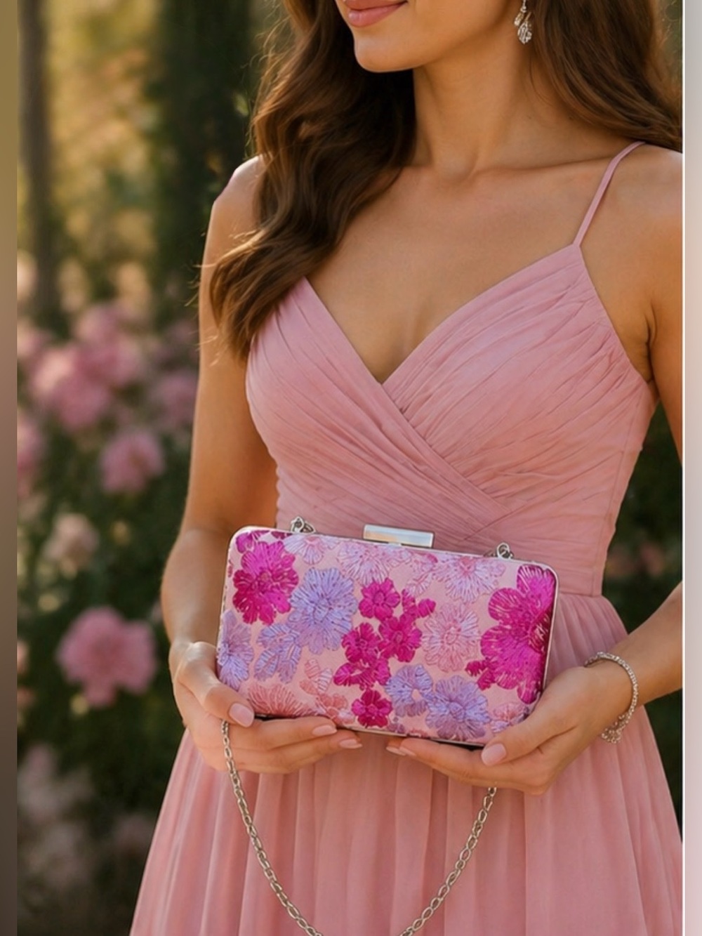 Chi Chi London Pink Floral Embroidered Clutch NWOT Silver Chain Evening Wedding